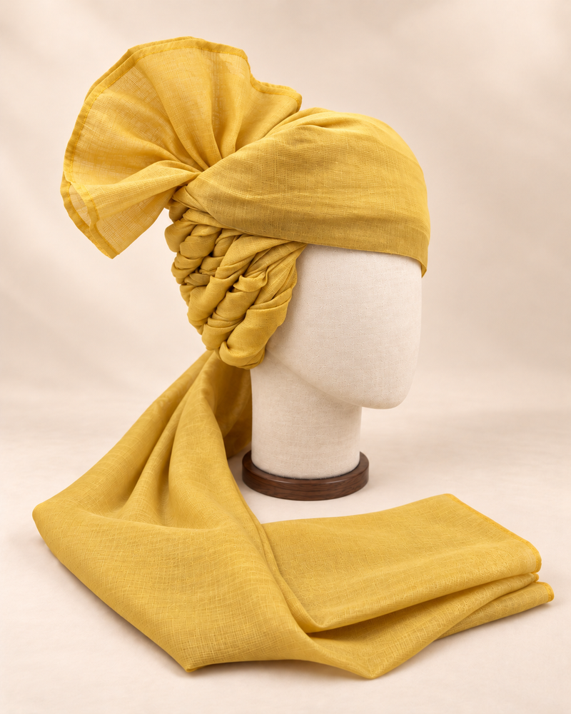 Right side view of mustard yellow premium Barati Safa showing the twisted folds and fan detail
