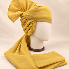 Right side view of mustard yellow premium Barati Safa showing the twisted folds and fan detail
