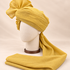 Left side view of mustard yellow premium Barati Safa showing the smooth wrap and long tail