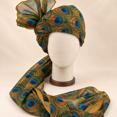 Front view of olive green peacock feather print Barati Safa with turquoise blue eyes and copper-tone rings