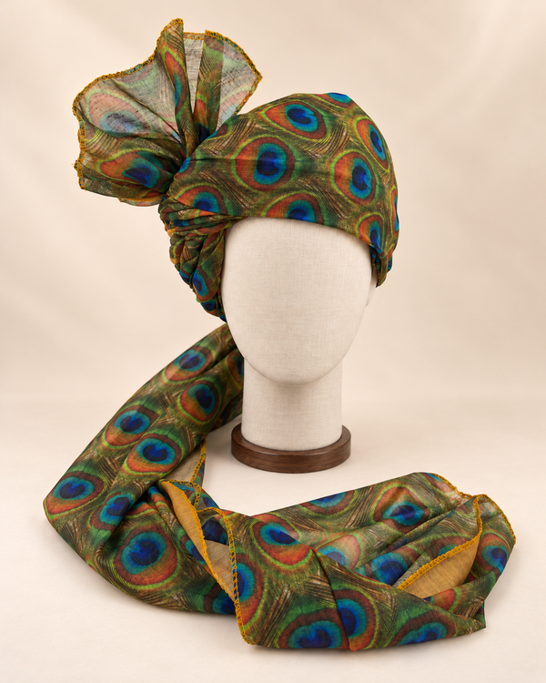 Front view of olive green peacock feather print Barati Safa with turquoise blue eyes and copper-tone rings
