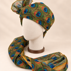 Left side view of olive green peacock feather print Barati Safa showing its wrap and mustard-edged tail