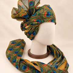 Right side view of olive green peacock feather print Barati Safa showing twisted folds and fan