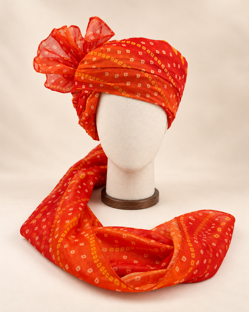 Front view of orange gold dot bandhani print barati safa showing the patterned wrap and fan