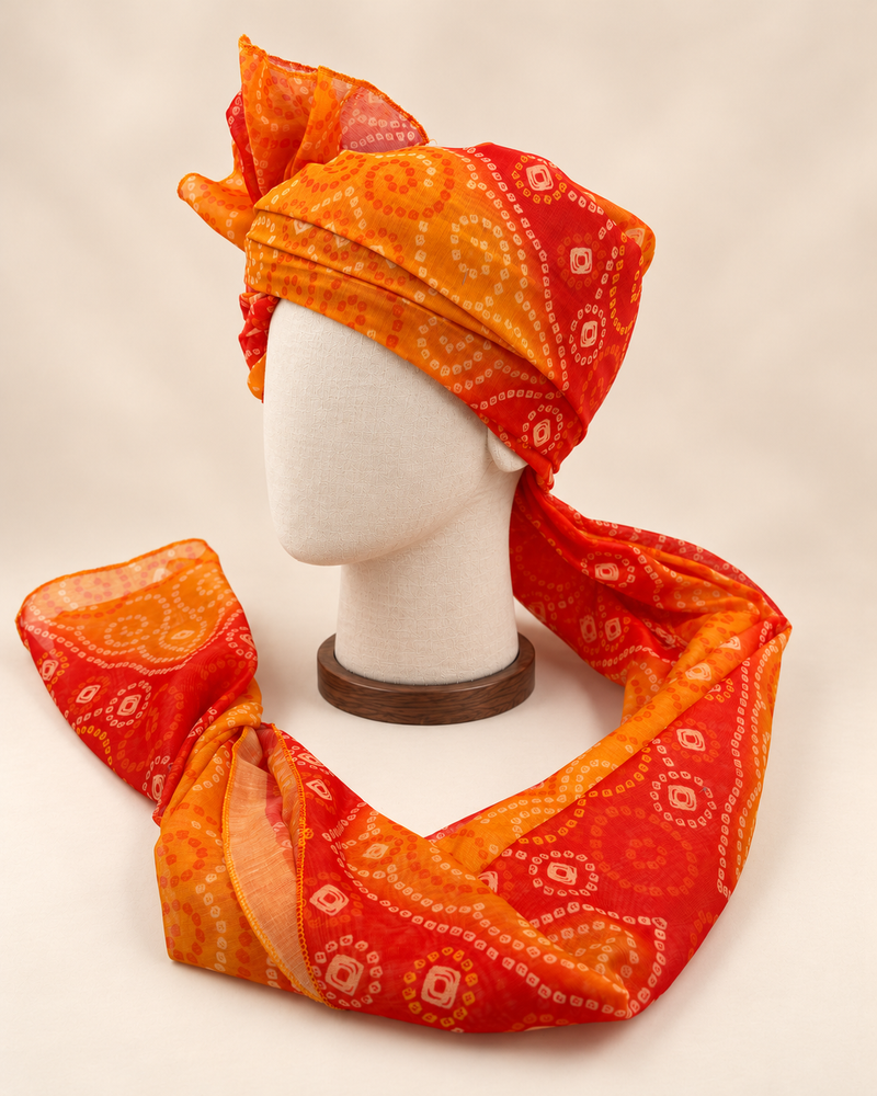 Left side view of orange paisley bandhani print barati safa showing the smooth wrap and long patterned tail