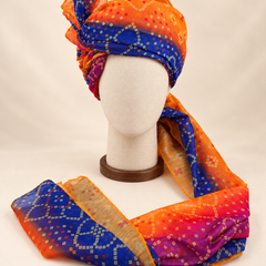 Front view of orange royal blue multicolour bandhani Barati Safa with magenta accents