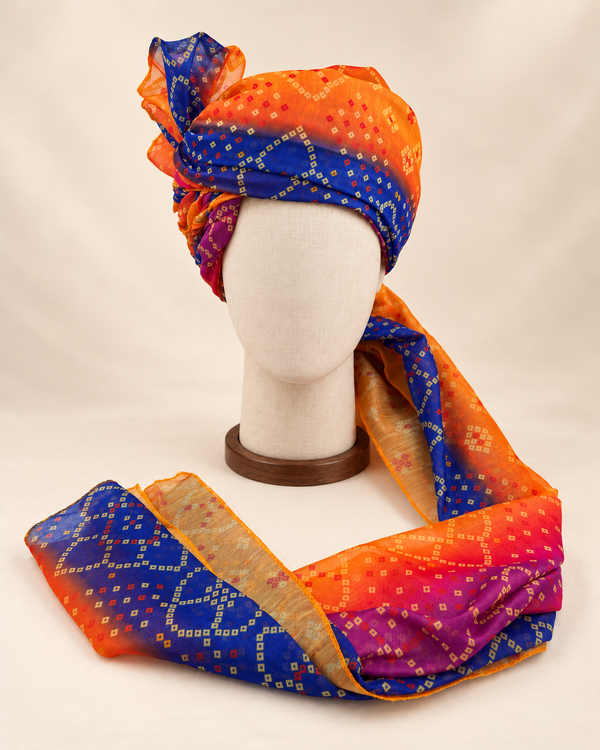 Front view of orange royal blue multicolour bandhani Barati Safa with magenta accents