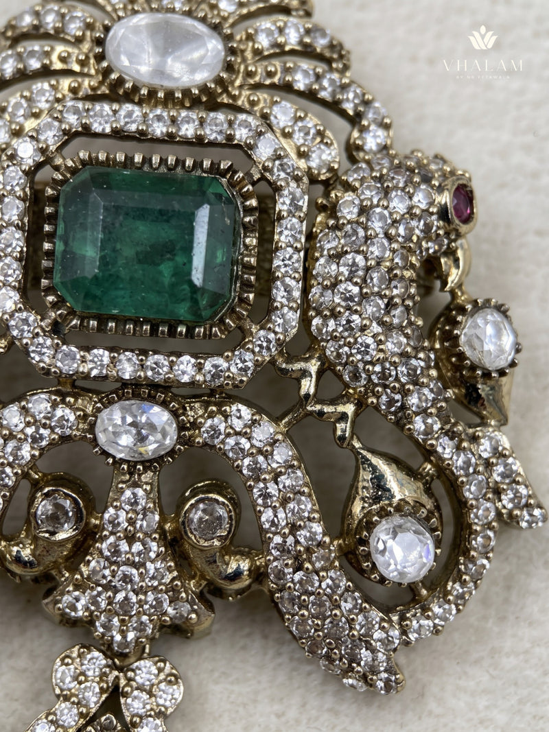 Green Ornamental Brooch with White Bead Drop, detail view