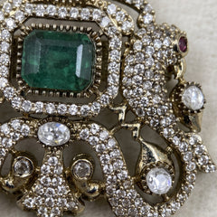 Green Ornamental Brooch with White Bead Drop, detail view