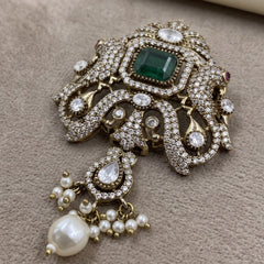 Green Ornamental Brooch with White Bead Drop, front view