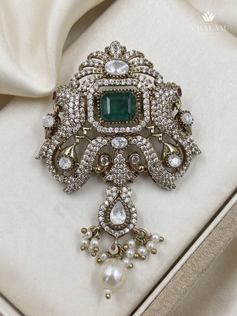 Green Ornamental Brooch with White Bead Drop, front view