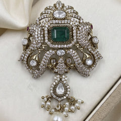 Green Ornamental Brooch with White Bead Drop, front view