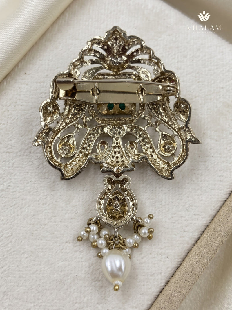 Green Ornamental Brooch with White Bead Drop, rear view