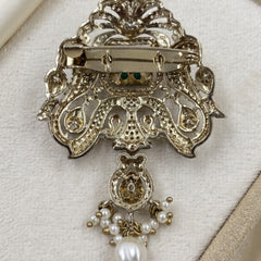 Green Ornamental Brooch with White Bead Drop, rear view