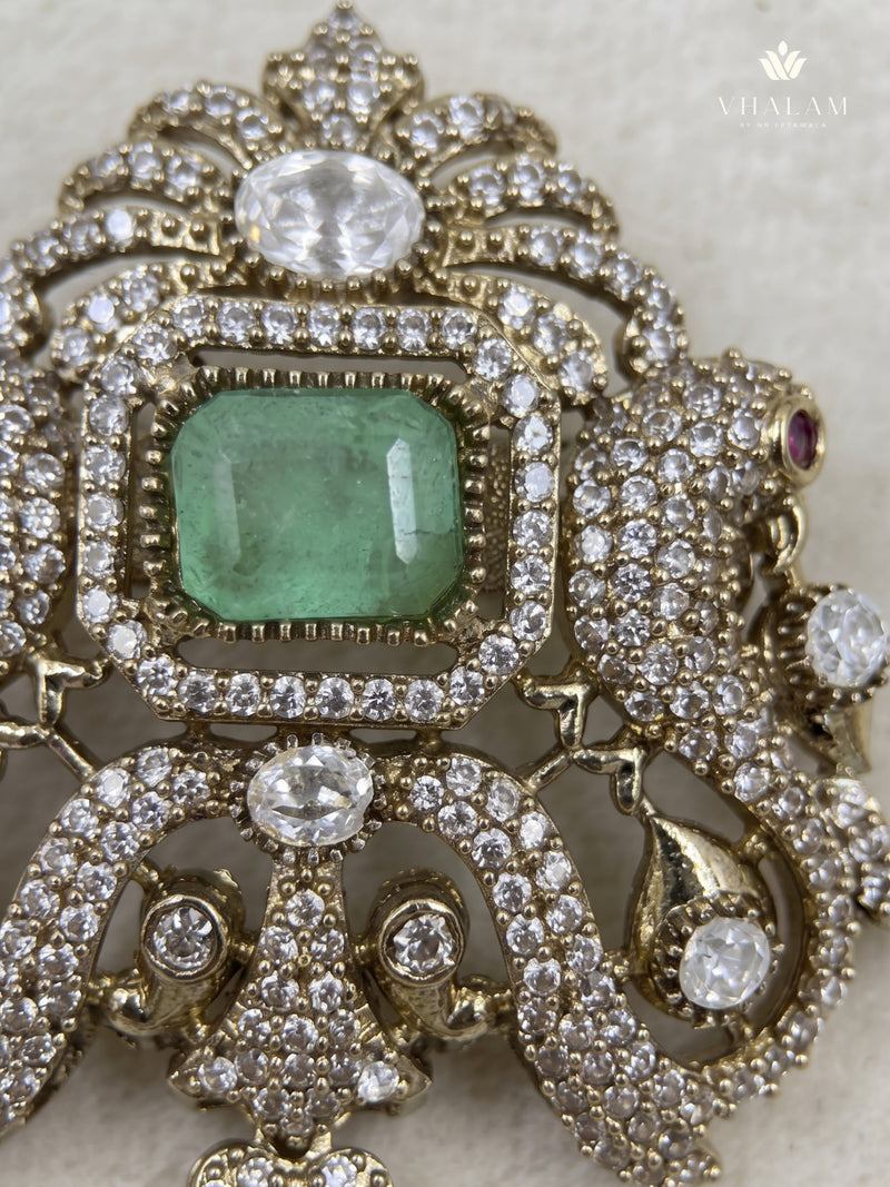 Pastel Green Ornamental Brooch with White Bead Drop, detail view