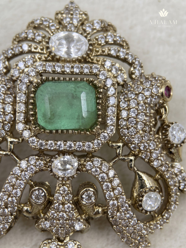 Pastel Green Ornamental Brooch with White Bead Drop, detail view
