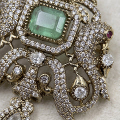 Pastel Green Ornamental Brooch with White Bead Drop, detail view