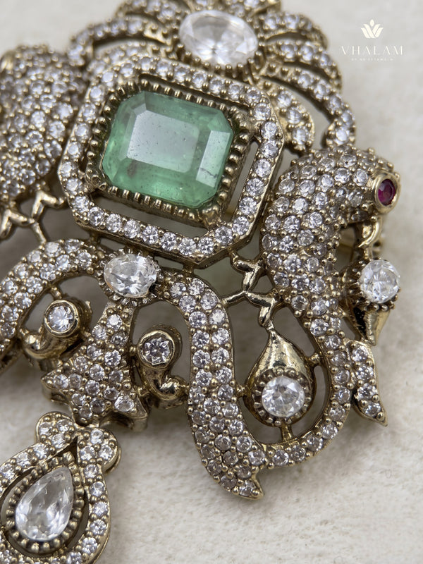 Pastel Green Ornamental Brooch with White Bead Drop, detail view