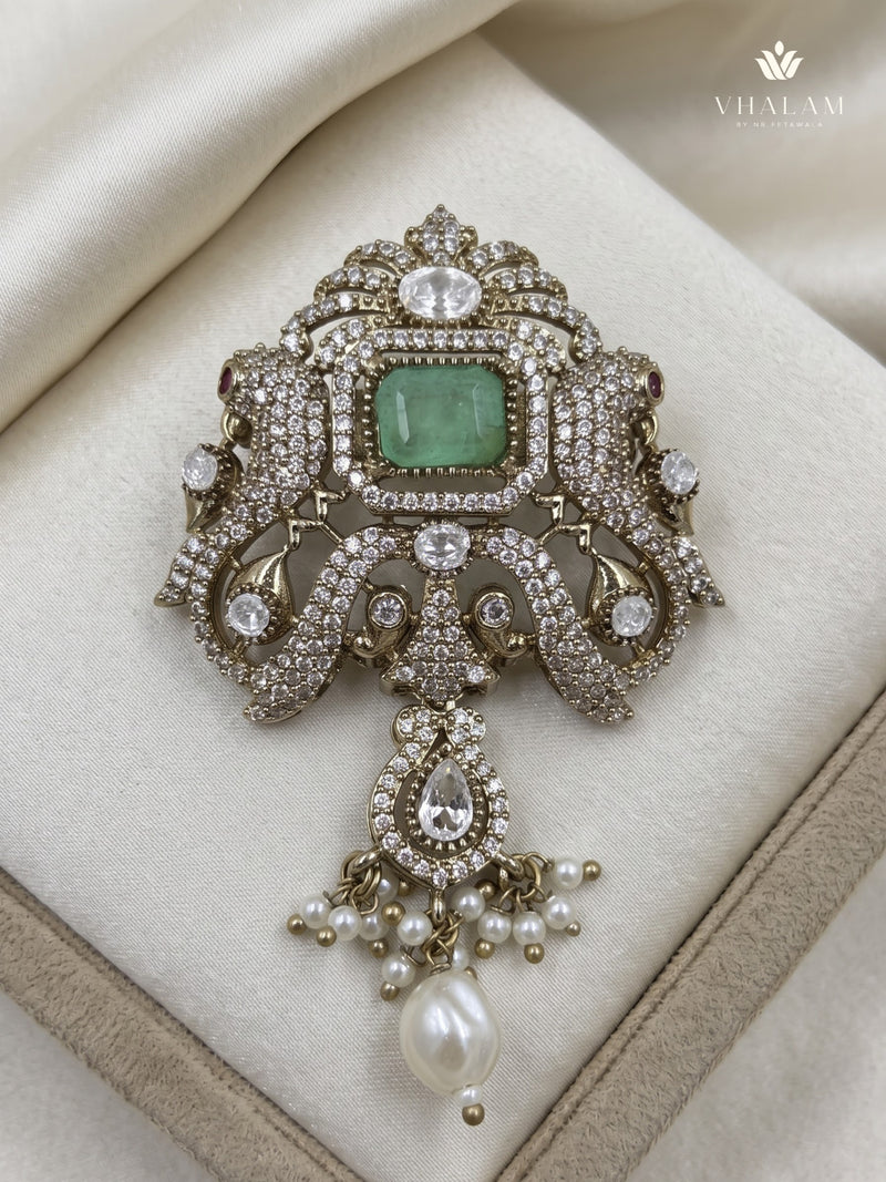 Pastel Green Ornamental Brooch with White Bead Drop, front view