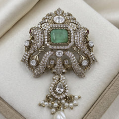 Pastel Green Ornamental Brooch with White Bead Drop, front view