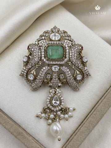 Pastel Green Ornamental Brooch with White Bead Drop