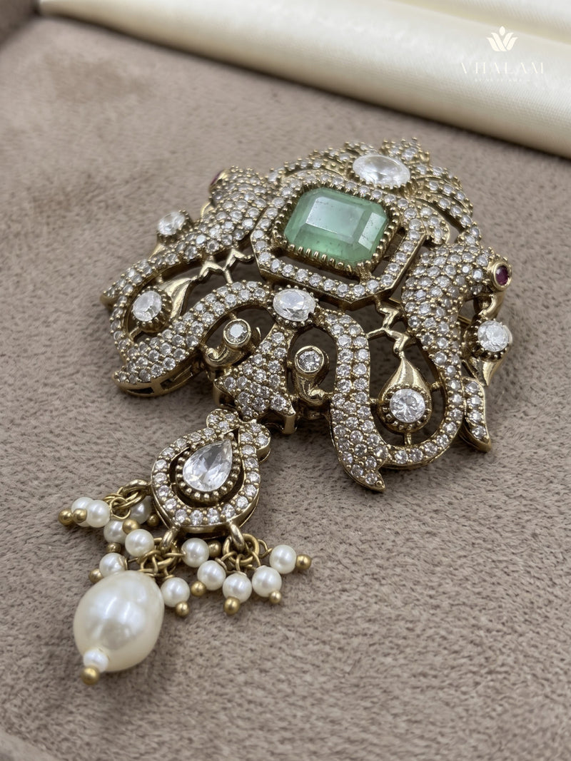 Pastel Green Ornamental Brooch with White Bead Drop, front view
