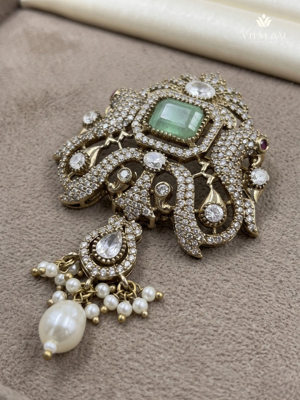 Pastel Green Ornamental Brooch with White Bead Drop, front view