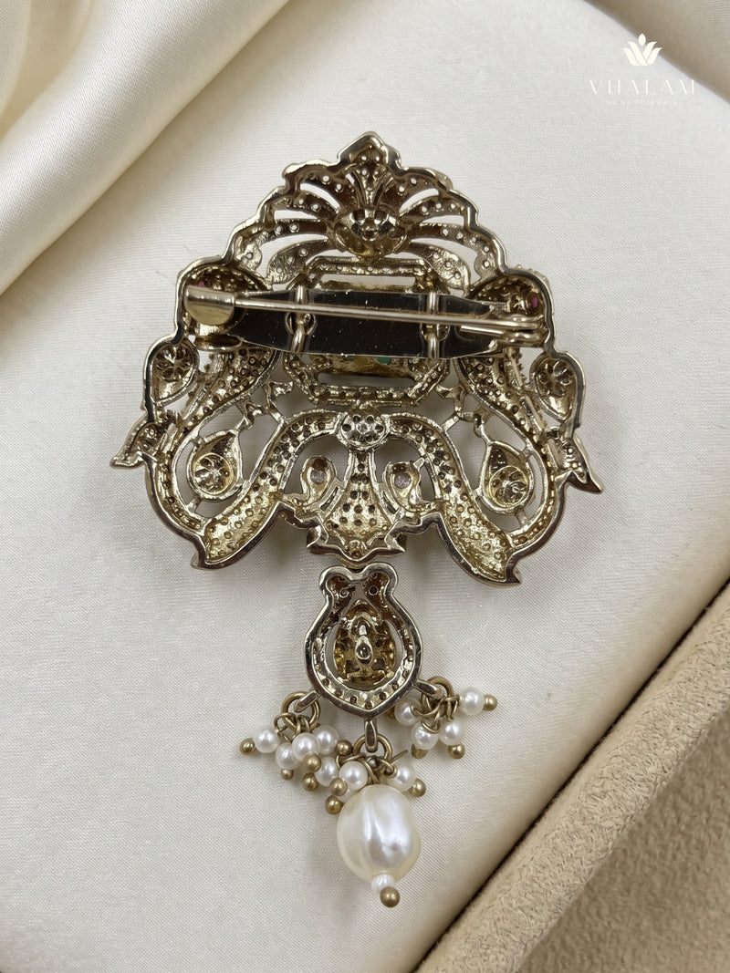 Pastel Green Ornamental Brooch with White Bead Drop, rear view
