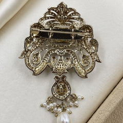 Pastel Green Ornamental Brooch with White Bead Drop, rear view