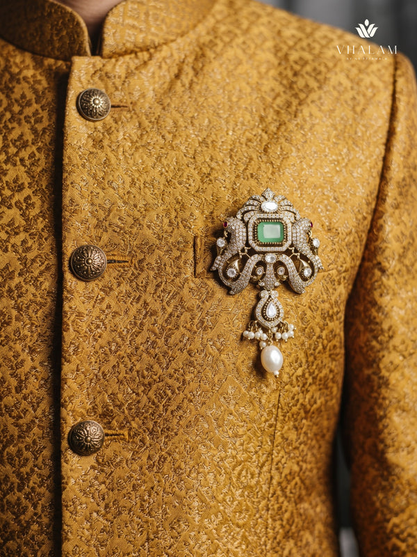 Pastel Green Ornamental Brooch with White Bead Drop, styled view