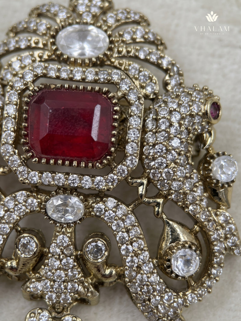 Red Ornamental Brooch with White Bead Drop, detail view