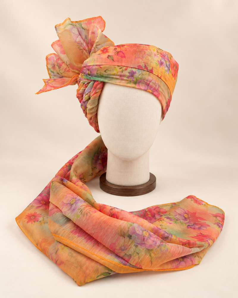 Front view of pastel abstract floral print barati safa showing the patterned wrap and fan
