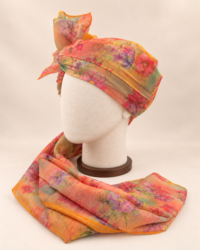 Left side view of pastel abstract floral print barati safa showing the smooth wrap and long patterned tail