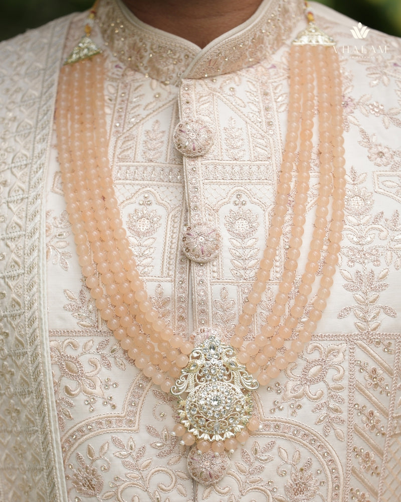 Dulha Peach Bead & Heavy Polki Multi-Layer Mala