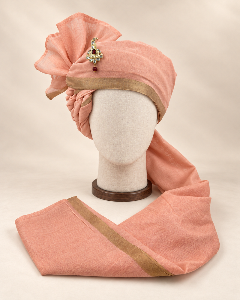 Front view of peach gold border premium Barati Safa showing the gold-tone border and broad fan