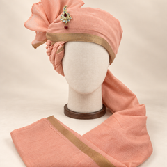 Front view of peach gold border premium Barati Safa showing the gold-tone border and broad fan