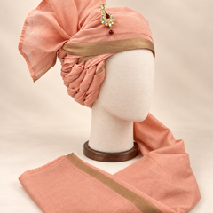 Right side view of peach gold border premium Barati Safa showing the twisted folds and fan detail