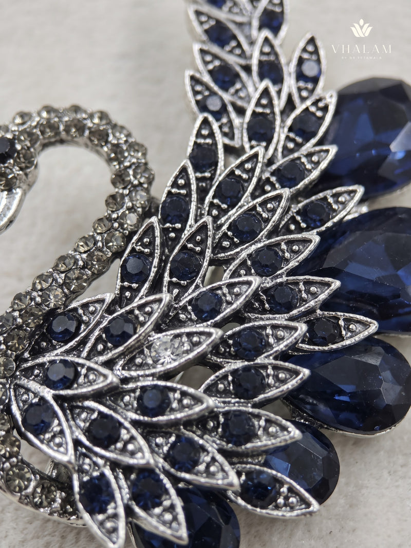 Silver-Tone Blue Peacock Brooch, detail view