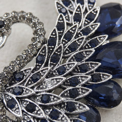 Silver-Tone Blue Peacock Brooch, detail view