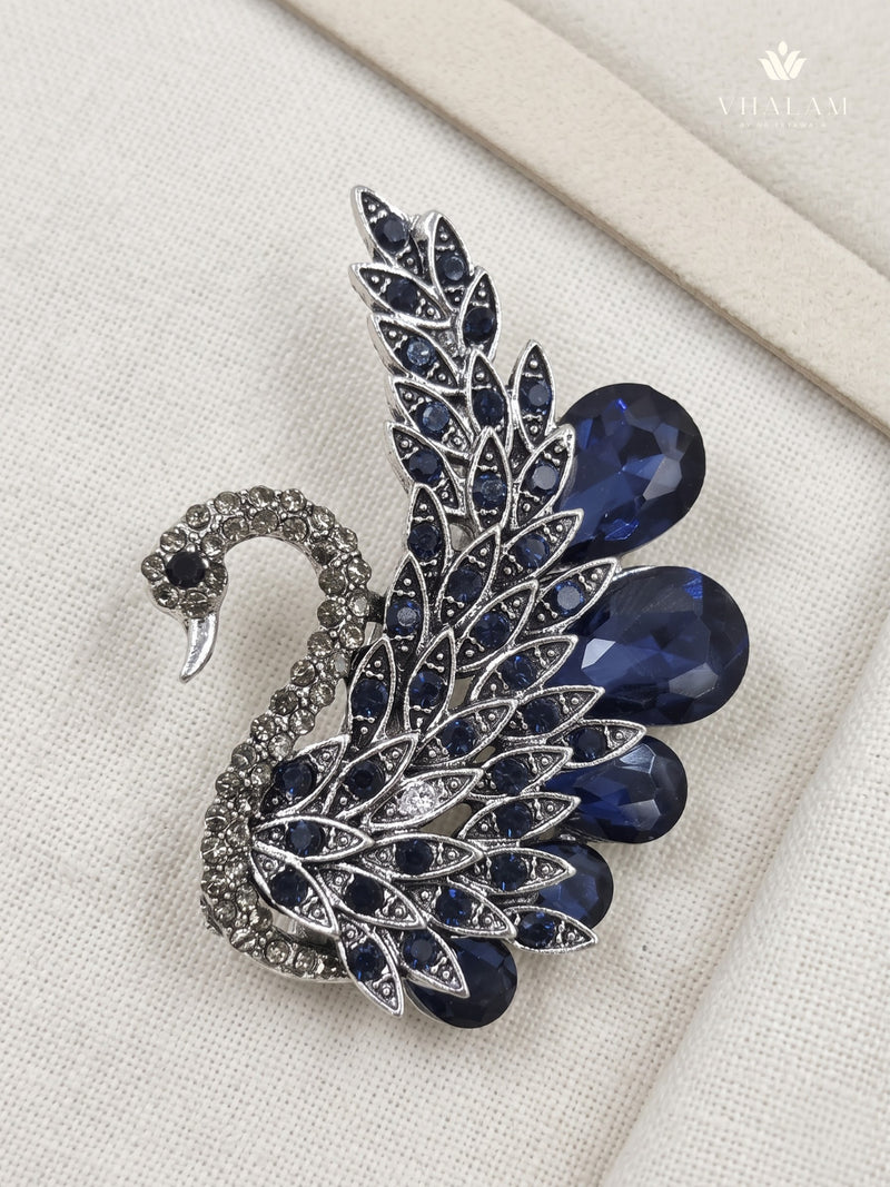 Silver-Tone Blue Peacock Brooch, front view