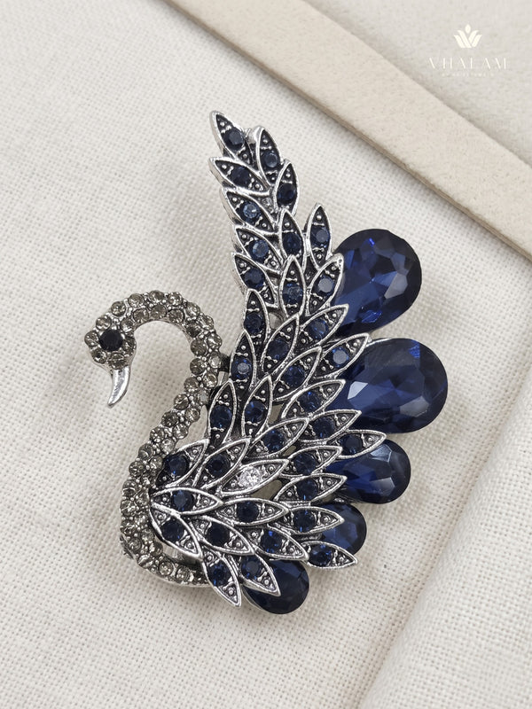 Silver-Tone Blue Peacock Brooch, front view
