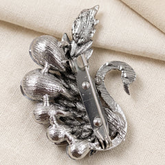 Silver-Tone Blue Peacock Brooch, rear view