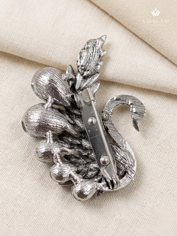 Silver-Tone Blue Peacock Brooch, rear view