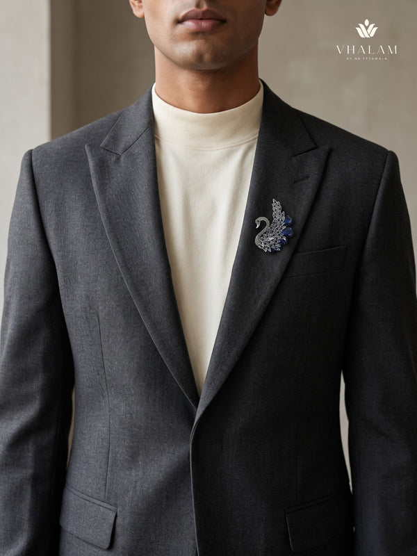Silver-Tone Blue Peacock Brooch, styled view