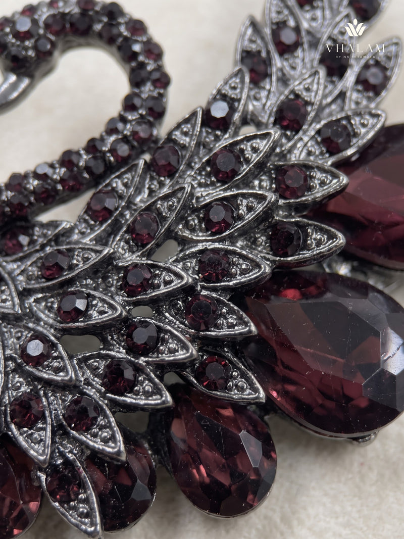 Silver-Tone Burgundy Peacock Brooch, detail view