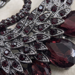 Silver-Tone Burgundy Peacock Brooch, detail view