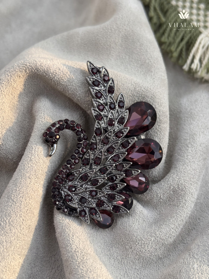 Silver-Tone Burgundy Peacock Brooch, front view