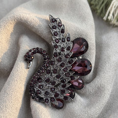 Silver-Tone Burgundy Peacock Brooch, front view