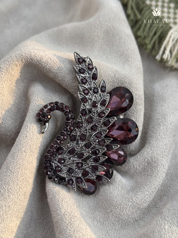 Silver-Tone Burgundy Peacock Brooch