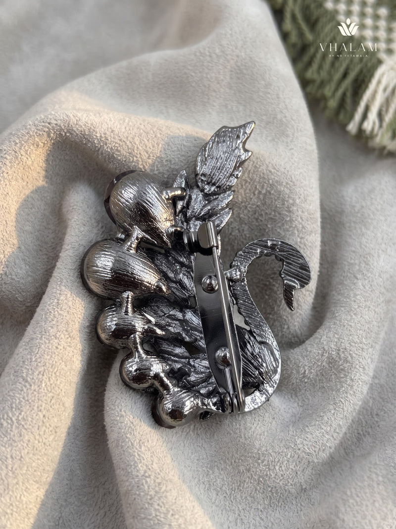 Silver-Tone Burgundy Peacock Brooch, rear view